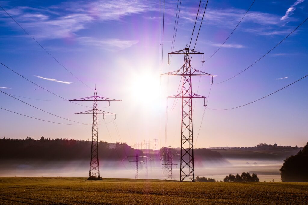 pylon, cables, sunrise, sunlight, sun, fog, mist, field, meadow, transmission towers, power towers, utility poles, power lines, overhead power lines, power supply, nature, electricity, morning hour, dawn, morning, landscape, electricity, electricity, electricity, electricity, electricity